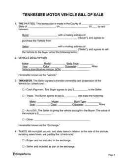 Tennessee Vehicle Sale Agreement Details form preview