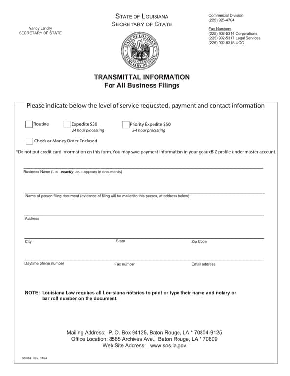 Louisiana Business Filings Transmittal Affidavit - Details and Notary Roll Number Requirement