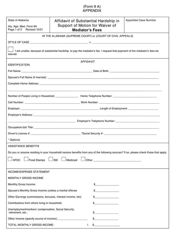 Ala. App. Med. Form 9A - Alabama Fee Waiver Request Due to Hardship