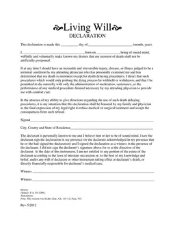 Living Will Declaration for Specifying Medical Treatment Preferences in Terminal Conditions form preview