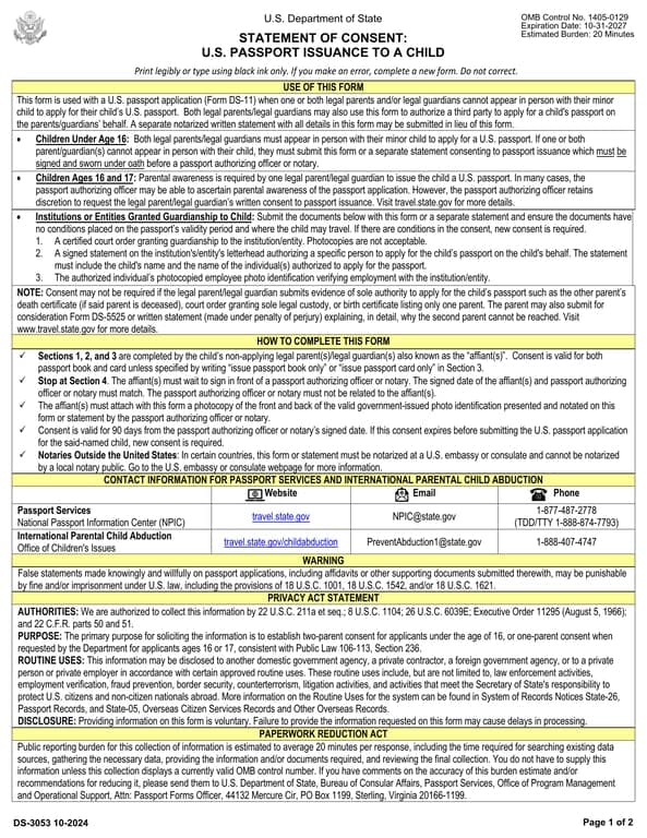 DS-3053 Maryland Child Passport Consent Statement