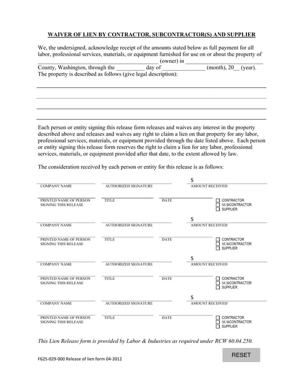 Washington State F625-029-000 Lien Release for Contractors and Suppliers