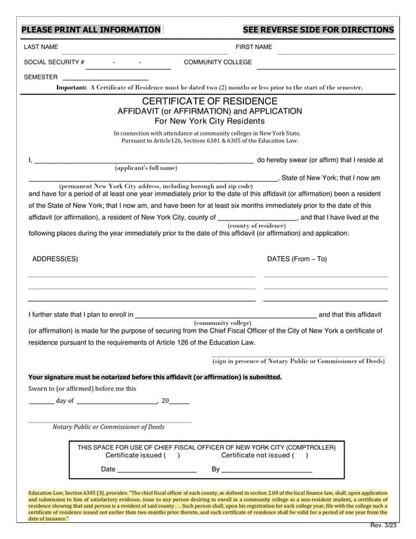 New York City Residency Affidavit for Community College Applicants