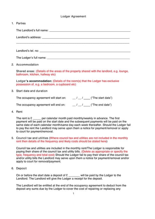 Scotland Lodger Agreement Basic Rental Details
