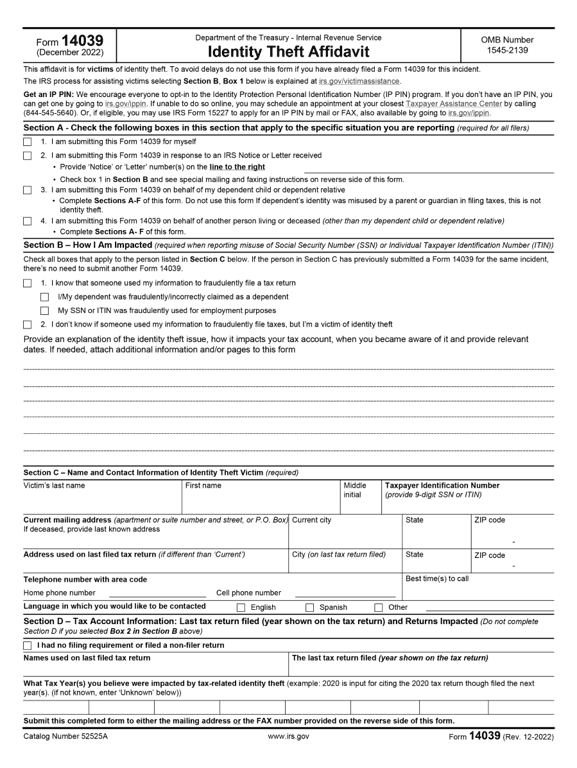 14039 – Identity Theft Affidavit