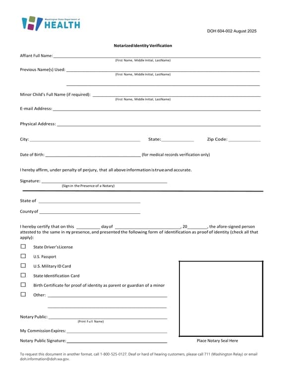 Washington DOH 604-002 - Official Identity Declaration and Medical Records Verification