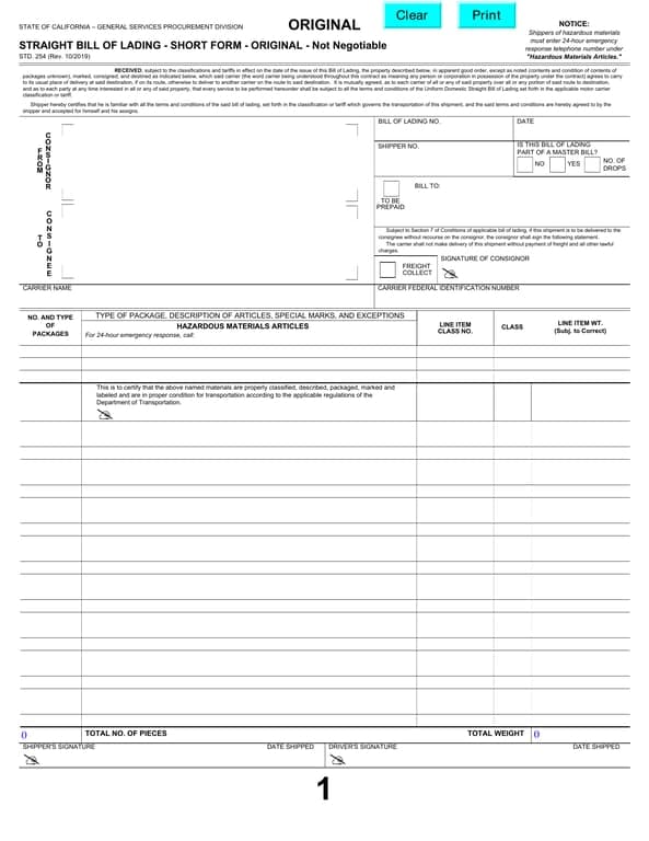 STD 254- California Straight Bill of Lading for Safe Transportation of Goods