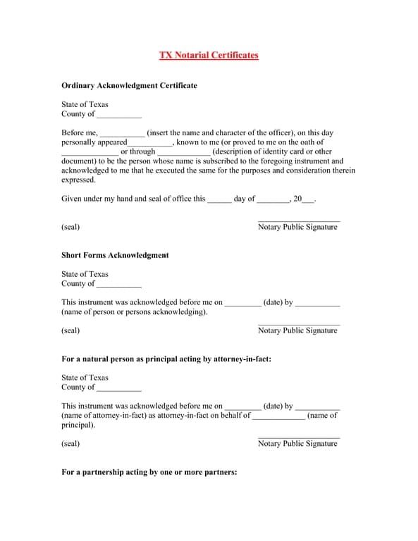Texas Notarial Certificates - Ordinary and Short Form Acknowledgments