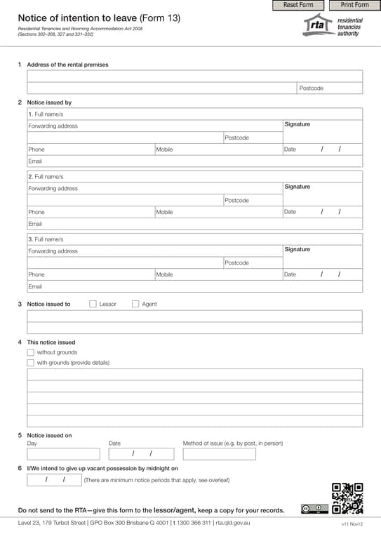 AU RTA Notice of Intention to Leave 13 for Rental Vacating Tenants