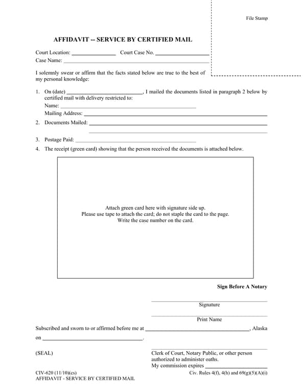Alaska CIV-620 Affidavit of Service - Mailing Document Verification