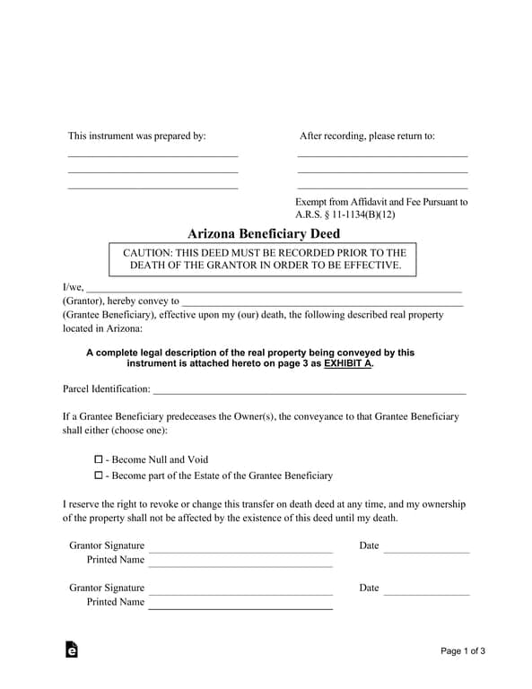 Arizona Beneficiary Deed for Estate Planning and Property Transfer