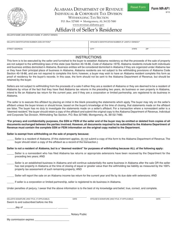 Alabama NR-AF1 Seller's Residence Affidavit - For Confirming Residency and Property Sale Regulations