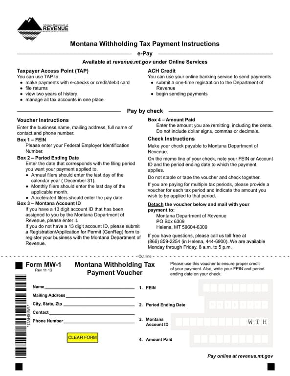 MW-1 Montana Withholding Tax Payment Voucher Summary