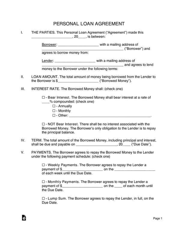 Personal Loan Agreement Terms between Two Parties