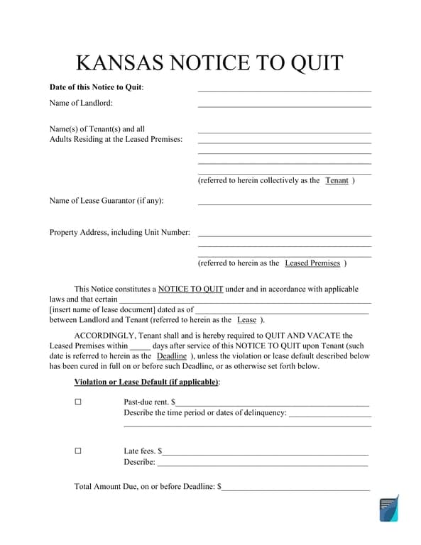 Kansas Notice to Quit - Tenant Eviction Process in Lease Agreements