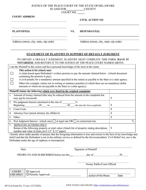 Delaware Justice of the Peace Court Document No. 13 - Affidavit for Requesting Default Judgment