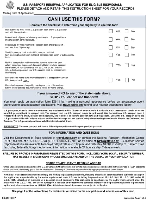 DS-82 – U.S. Passport Renewal Application