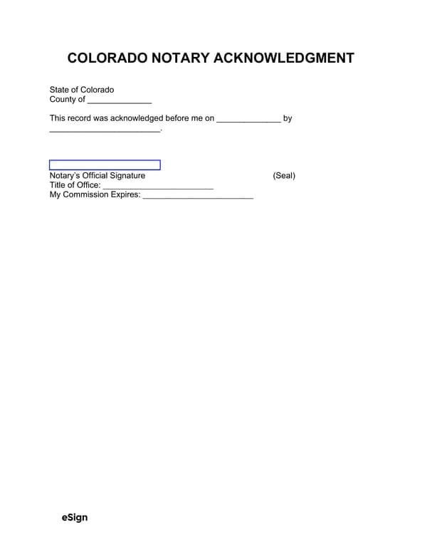 Colorado Notary Acknowledgment Cash Receipt