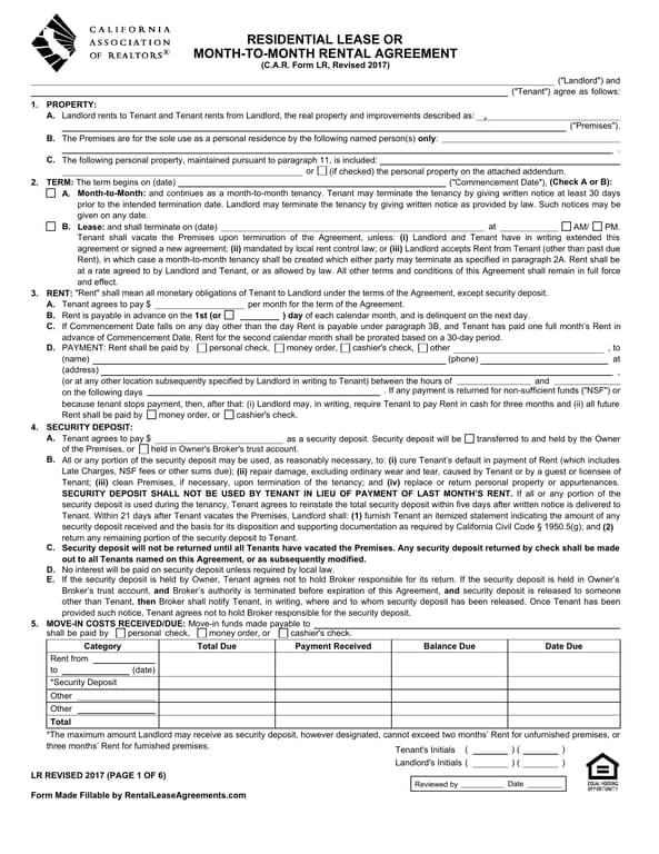 California Personal Residence Lease Agreement Details