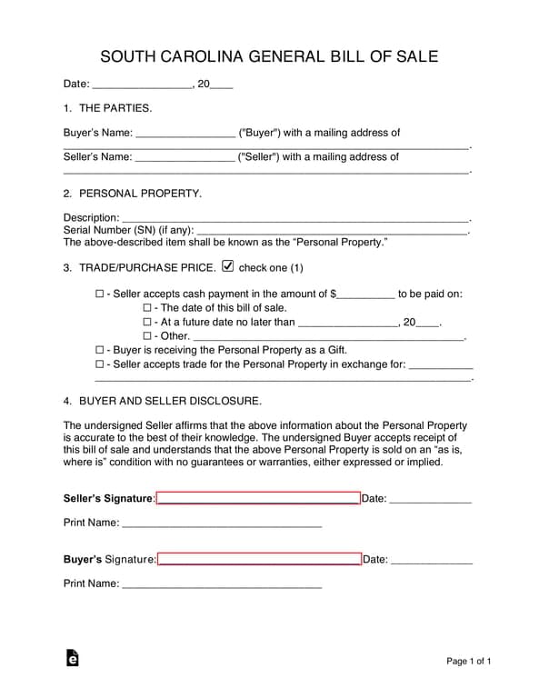 South Carolina General Bill of Sale for Personal Property Transfer