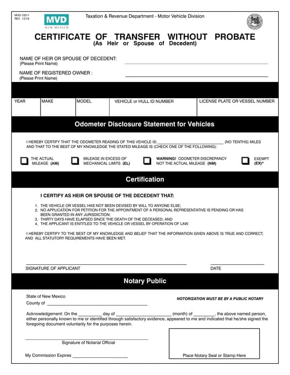 New Mexico MVD-10011 Vehicle or Vessel Transfer on Death Verification