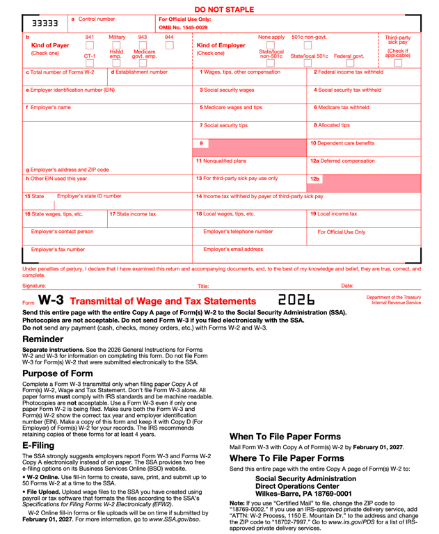 W-3 – Transmittal of Wage and Tax Statements