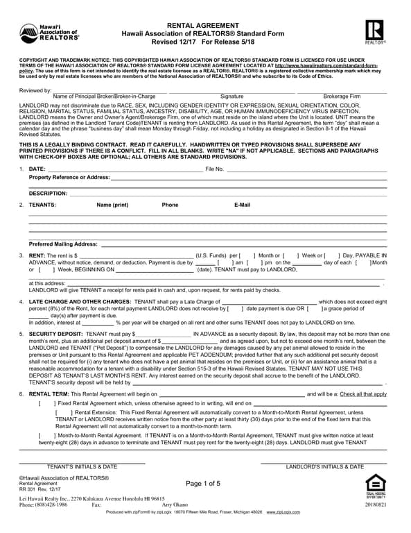 Hawaii Realtors Association Standard Rental Agreement Notice