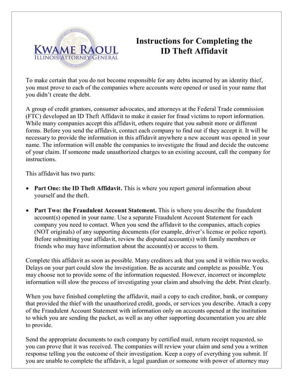 Illinois Identity Affidavit for Fraud Victim Assistance
