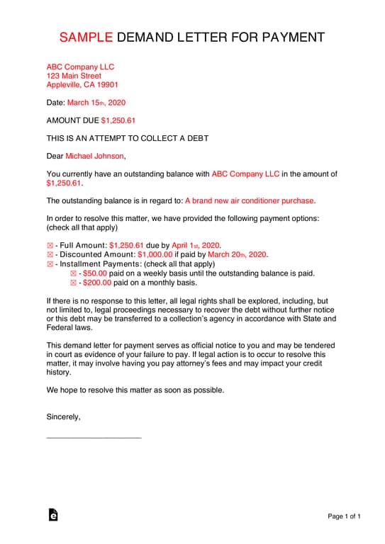 ABC Company's Payment Demand Letter for Debt Collection of Air Conditioner Purchase
