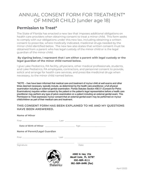 Florida Annual Child Medical Consent - Treatment and Travel Authorization