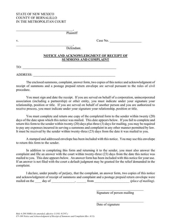 New Mexico CV-188 Notice - Acknowledgment of Summons and Complaint Receipt