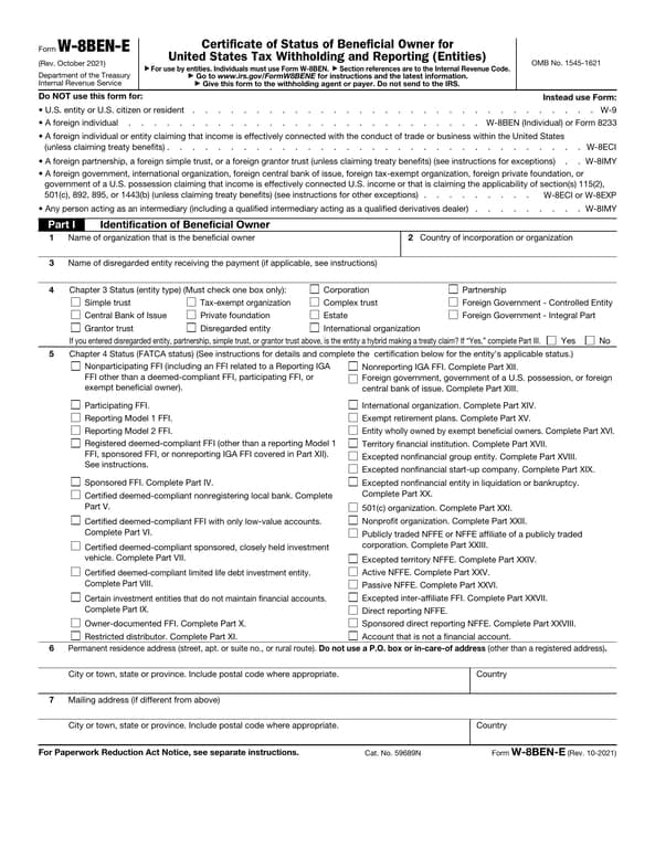 W-8BEN-E IRS Entity Tax Status Certificate