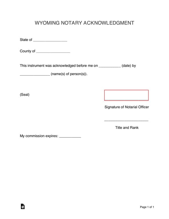 Wyoming Notary Acknowledgment for Signature Validation