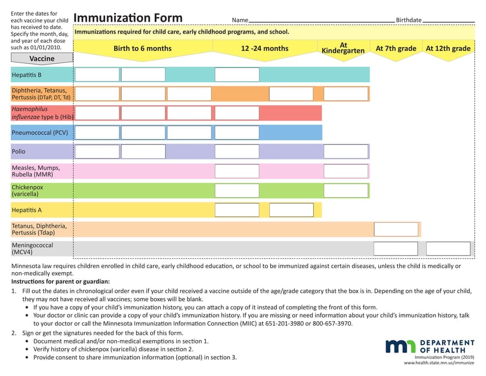 Minnesota Child Immunization Tracking 2019 - Vaccination Schedule and Record