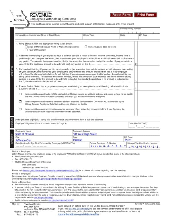 Missouri Pay Slip Tax Filing and Withholding Adjustments