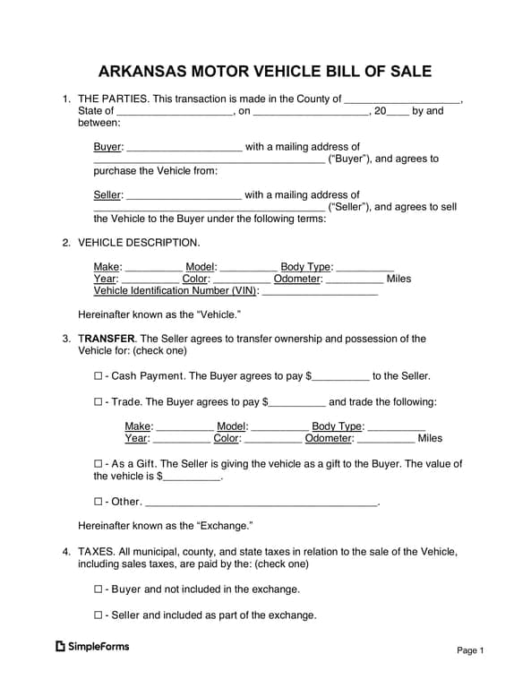 Arkansas Motor Vehicle Sale Transaction Details