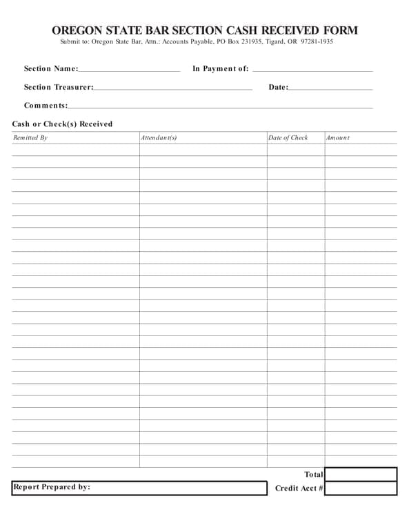 Oregon State Bar Section Cash Received Report