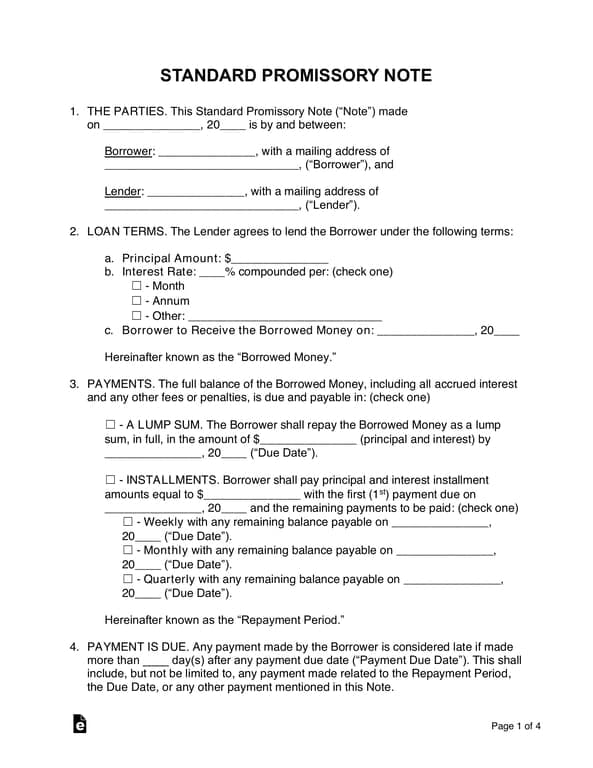 Official Standard Promissory Note for Loan Agreement and Terms
