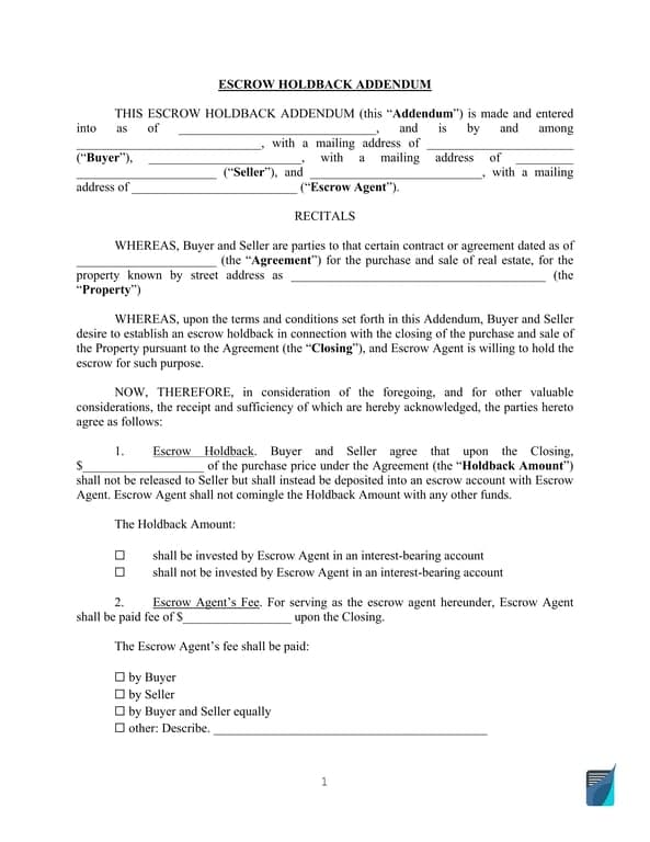 Escrow Holdback Addendum for Real Estate Sale Agreement