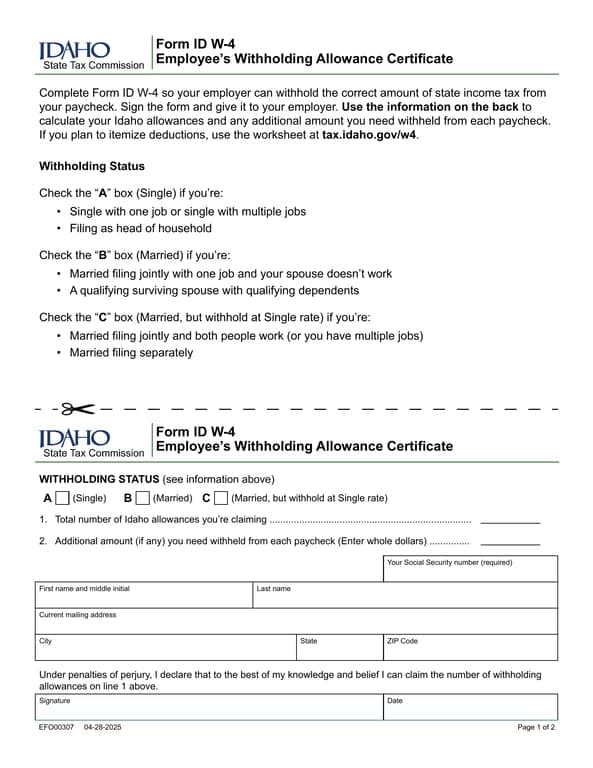 Idaho Employee’s Withholding Allowance Certificate ID W-4