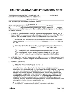 California Standard Promissory Note Defined Repayment Methods and Consequences form preview