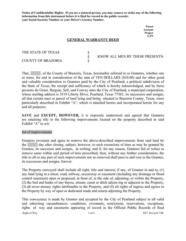 Texas General Warranty Deed for Property Transfer in Brazoria County