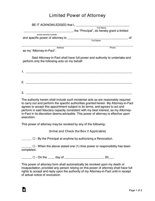 Limited Power of Attorney - Assign Specific Tasks with Details