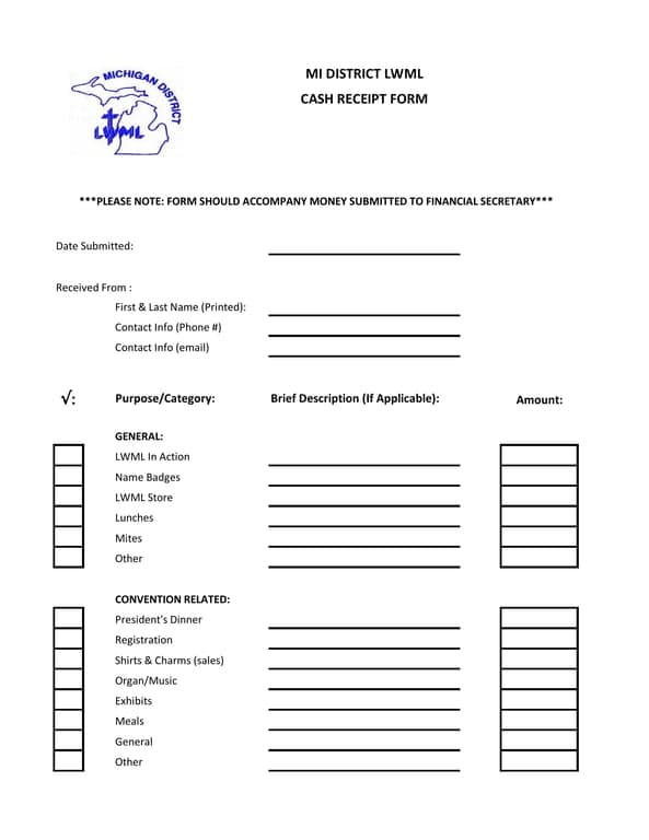 Michigan District LWML Cash Receipt for Financial Transactions