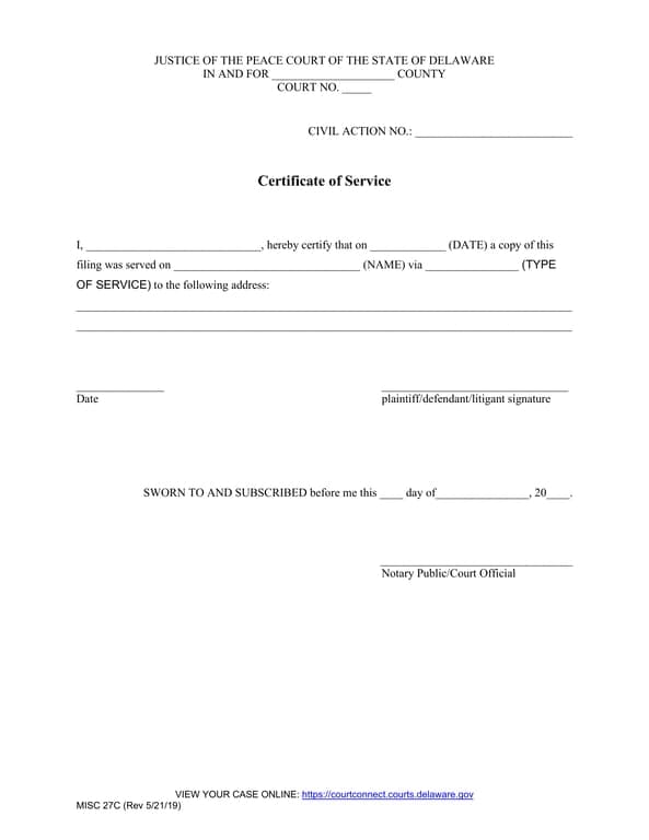 Delaware Certificate of Service - JP Court