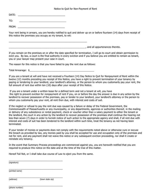 Massachusetts 14-Day Eviction Notice for Non-Payment of Rent