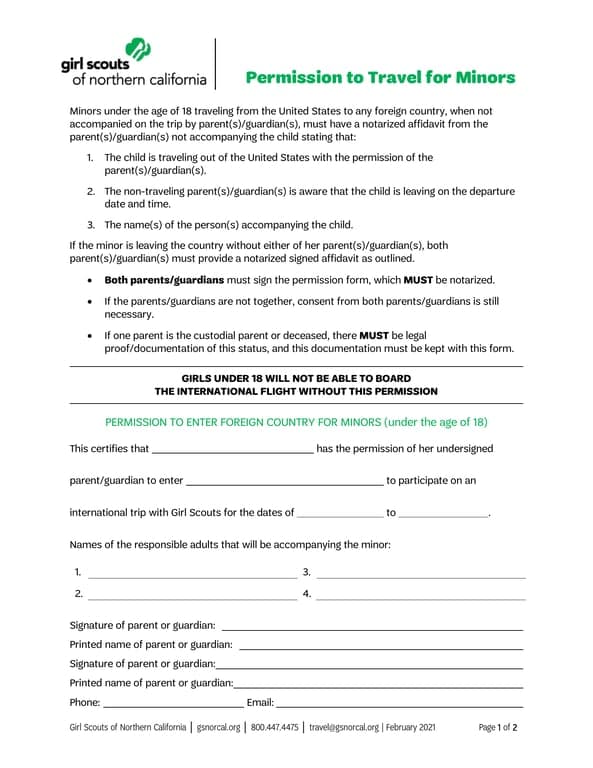 California Minor Travel Permission - Notarized Approval from Girl Scouts of Northern California