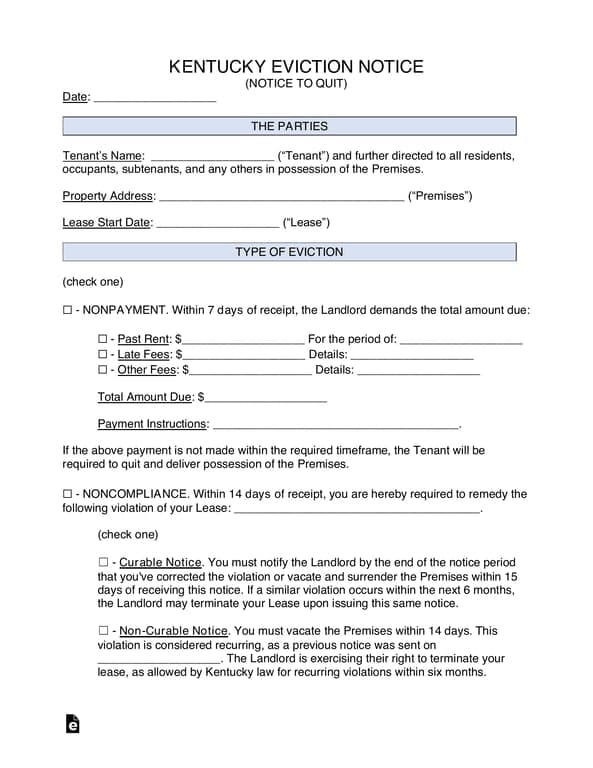 Kentucky Notice to Quit - Nonpayment or Noncompliance Evictions