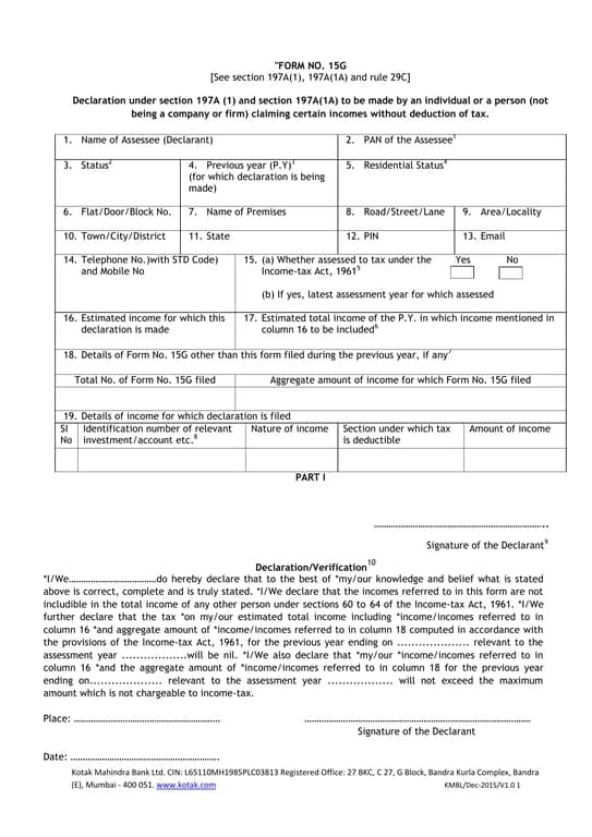 Kotak Mahindra Bank India No. 15G - Tax-Free Income Declaration