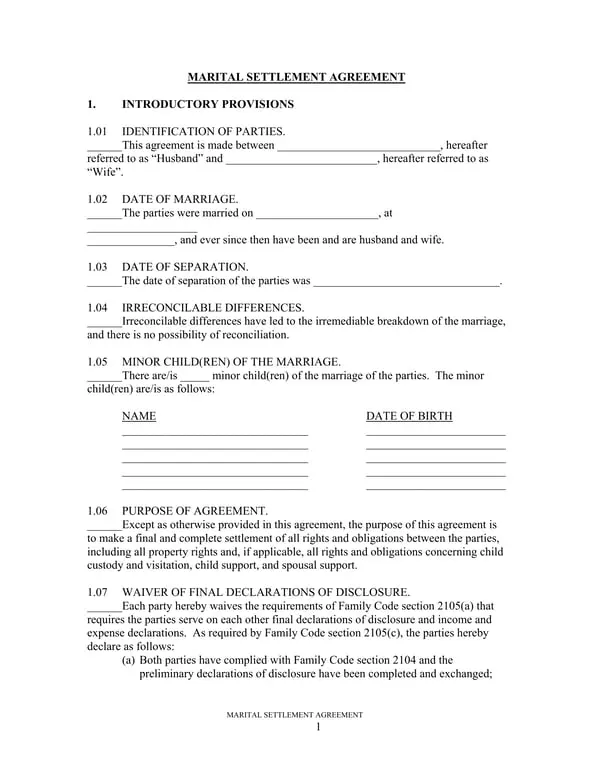 Marital Settlement Agreement - Divorce Terms and Child Custody Provisions